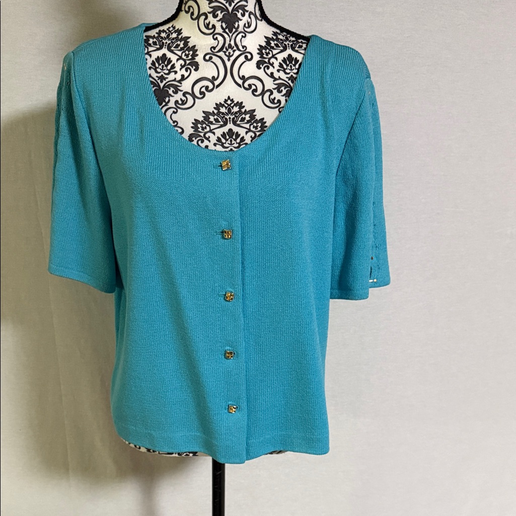 St. John Evening Turquoise Button-Down Women's Short Sleeve Top Or Jacket